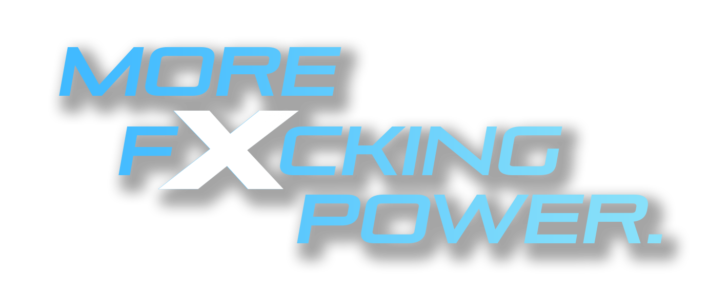 More Fxcking Power logo with light blue colour of text.