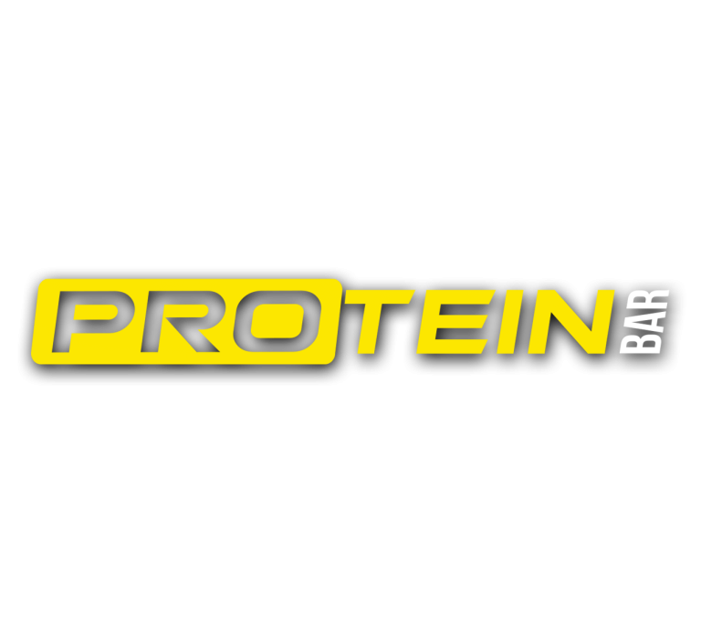 Protein bar logo with yellow colour of protein text with the rest in white.