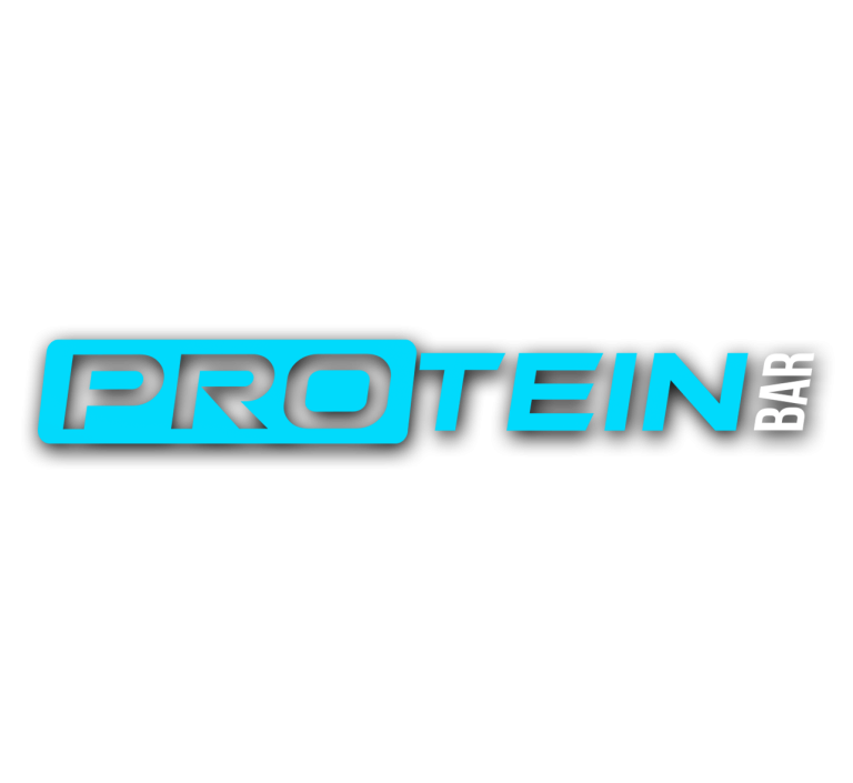 Protein bar logo with blue colour of protein text with the rest in white.