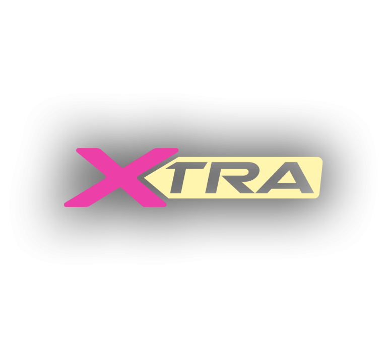 XTRA logo with magenta colour of X text with the rest on a gold background.