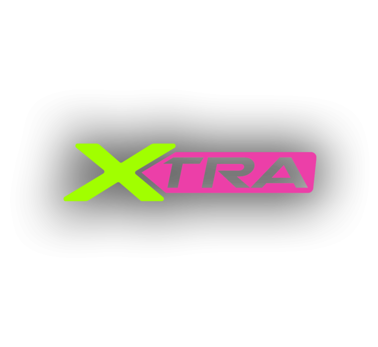 XTRA logo with light green colour of X text with the rest on a pink background.