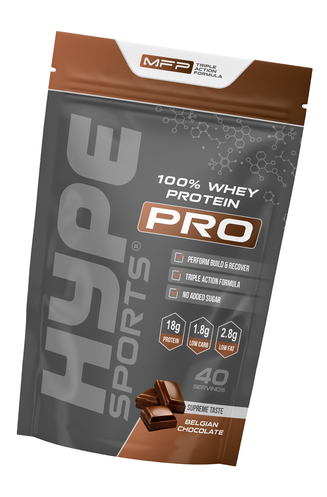 Hype’s protein powder Pro chocolate crunch flavoured, in a bag.
