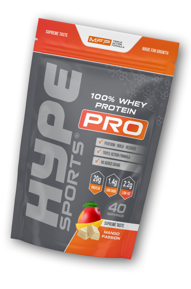 Hype’s protein powder Pro mango passion flavoured, in a bag.