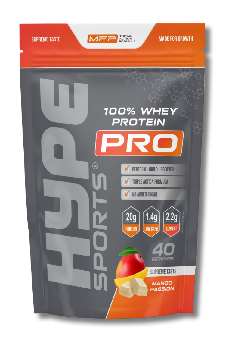 Hype’s protein powder Pro mango passion flavoured, in a bag.