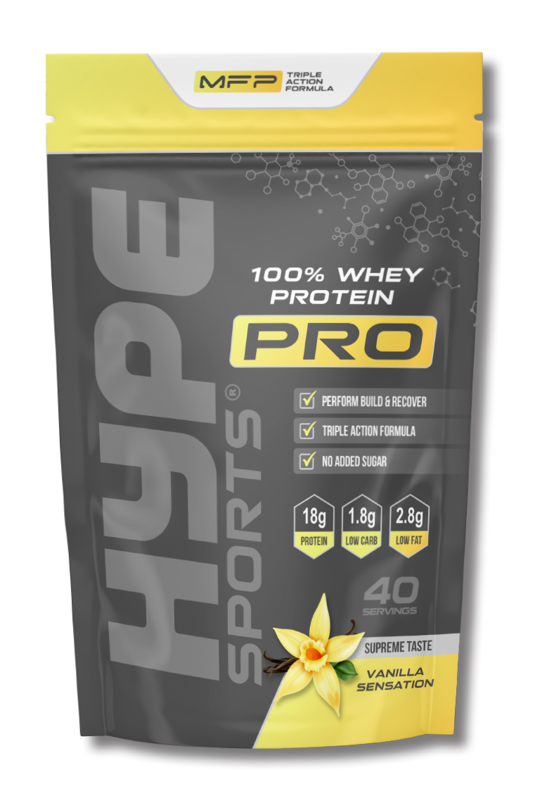 Hype’s protein powder Pro vanilla flavoured, in a bag.