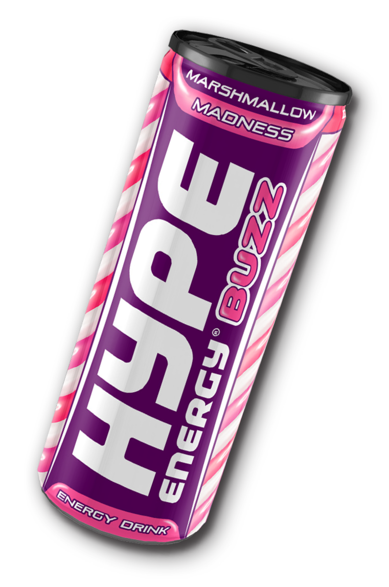 Hype’s energy drink berrylicious marshmallow flavoured, in a can.
